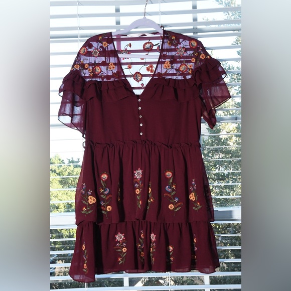 Zara Burgundy Embroidered Mini Dress V-Neck Ruffle Sleeves - Picture 9 of 9